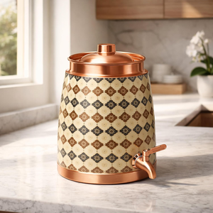 Distributeur d'eau artisanal en cuivre avec couvercle, Matka décorative en cuivre imprimé avec robinet finition laiton, Eau traditionnelle - Product Image 5