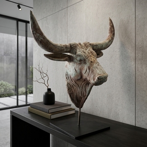 Bull Suge Stand Handcrafted <b>Wooden</b> Animal Head Sculpture <b>Rustic</b> Tribal Tabletop Decorative Artwork Metal Stand Home Decor Accent - Product Image 4