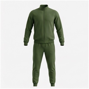Ensemble de survêtement vert olive pour homme, manches longues, col montant, fermeture éclair sur le devant, couleur unie, respirant, coupe décontractée, vêtements d'automne - Product Image 1