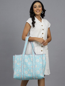 Sac fourre-tout en coton matelassé à motifs floraux, imprimé à la main, style bohème, décontracté, pour femmes - Product Image 3