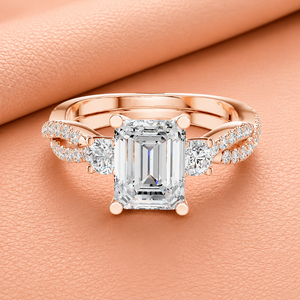 Bague de fiançailles de luxe en or rose avec diamant taille émeraude, bande pavée torsadée, bijoux de mariée, cadeau d'anniversaire - Product Image 2