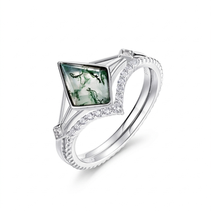 แหวนเงินแท้ 925 ประดับพลอยมอสอาเกตทรงว่าว ดีไซน์ขอบเพชร งานแฮนด์เมดสำหรับผู้หญิง ขายดี พร้อมจัดส่ง 18K - Product Image 5