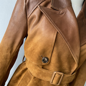 Manteau trench unisexe en cuir véritable, long, col montant, manches longues, respirant, coupe-vent, vêtement d'extérieur décontracté pour l'hiver, polyester - Product Image 6
