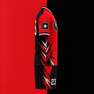 Camiseta de Fútbol Personalizada Roja y Negra, Cuello en V, Manga Corta, Poliéster/Algodón, Estampada, Unisex, para Adultos - Product Image 3