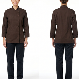 Uniforme de chef pour femme, 240 GSM, sergé en polycoton, couleur prune, double boutonnage, logo brodé personnalisé, manches longues, coupe premium - Product Image 2