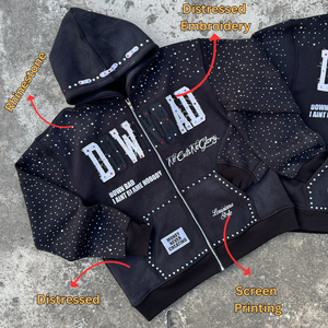 เสื้อฮู้ดซิปแบบมีดีเทลตกแต่งด้วยคริสตัลสไตล์วินเทจ ผลิตตามแบบ OEM  ผ้าฝ้ายหลากสี  ตกแต่งทุกส่วนของแขนเสื้อ  โลโก้สกรีน  เหมาะสำหรับฤดูหนาว  ใส่ได้ทั้งชายและหญิง - Product Image 1