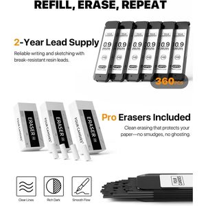 Set di 6 matite meccaniche artistiche in metallo da 0,9 mm con 360 mina HB di ricambio, 3 gomme e 9 mina di ricambio per gomme - Product Image 2