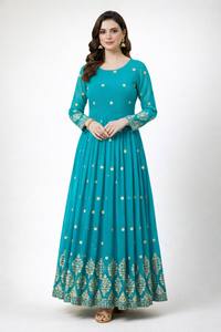 Costume Anarkali traditionnel pour femmes, couleur turquoise, avec dupatta brodée d'or, coupe ample, style indien pakistanais, longueur au sol - Product Image 2