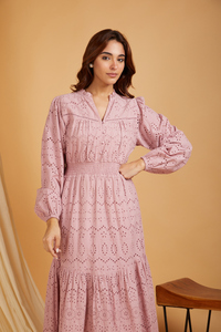Mauve Eyelet Embroidered Maxi <b>Dress</b> <b>Long</b> Puff Sleeve Smocked Waist Tiered Hem Woven Cotton Prairie Chic Casual Midi <b>Dress</b> - Product Image 6