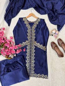Blue Silk Kurta Palazzo Suit Embroidery Work <b>Indian</b> 3PCS Salwar Kameez <b>Top</b> Bottom Dupatta Winter Party Modest punjabi suits wome - Product Image 2