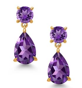 18K Yellow Gold Plated <b>Silver</b> Amethyst Pear Cut Teardrop <b>Stud</b> <b>Earrings</b> Elegant Luxury Women's Gemstone Jewelry Wedding Party - Product Image 4
