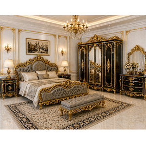 Conjunto de Dormitorio de Estilo Imperial con Temática Negra y Dorada, Muebles de Dormitorio de Diseño Exclusivo en Madera, Compre una Cama King Size Ornamentada con Armario - Product Image 1