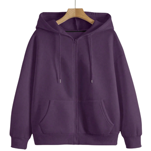 Sudadera con Capucha Unisex Morada con Cierre, Manga Larga, Corte Holgado, Color Sólido, Informal, con Bolsillos Delanteros, Tejido Francés - Product Image 1