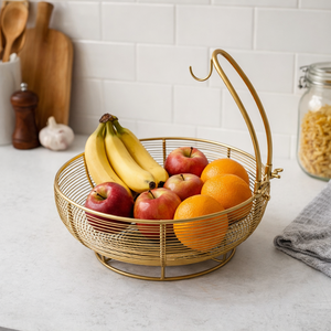 Panier à fruits en fil de fer doré avec crochet, bol de rangement moderne en métal pour comptoir de cuisine, décoration intérieure, vente en gros - Product Image 1
