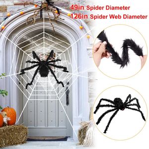 1 pz Decorazioni di Halloween a forma di ragno, Ragnatela gigante da 49 pollici per esterni, Ragno Tarantula da 126 pollici, Decorazioni per feste con ragno peloso e snodabile - Product Image 1