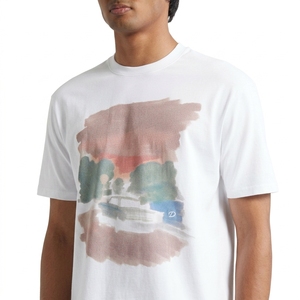 T-shirt blanc à manches courtes pour homme avec motif peint à la main sur le devant, coupe classique, col rond, style décontracté, jersey en coton - Product Image 3