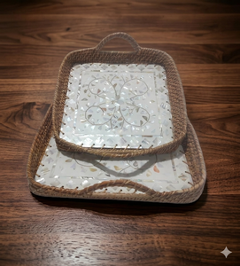 La última bandeja de mimbre de mármol de tamaño personalizado con incrustaciones de nácar, bandeja para servir frutas en casa con mango de inserción de base de madera - Product Image 1