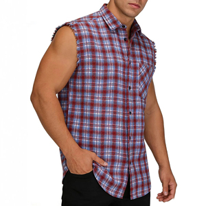 Mens Sleeveless Plaid Flannel Shirt Frayed Armhole Casual Button <b>Down</b> Muscle Fit Cotton Check 300g - Product Image 2