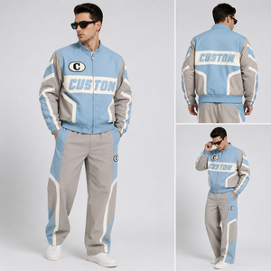 เสื้อแจ็คเก็ตผู้ชายแบบสั่งทำพิเศษ สีบล็อก น้ำเงินอ่อน เทา ครีม คอปกมอเตอร์ไซค์ พิมพ์ลายตัวอักษรแบบวาร์ซิตี้ เสื้อโค้ทมอเตอร์ครอส ขายส่ง - Product Image 5