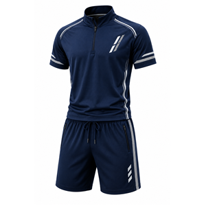 Grace Collection Men's Navy Quarter-<b>Zip</b> Short Sleeve Top Drawstring Shorts Set Solid Color Streetwear Style Quick Dry Fleece - Product Image 5