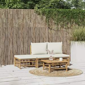 Ensemble de salon de jardin modulaire en bambou blanc crème, design en polyester pour l'extérieur - Product Image 1