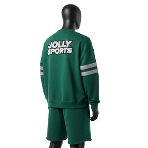 Ensemble sweat-shirt et short en molleton riche en coton 320 GSM pour homme, vert forêt, avec empiècements rayés et logo imprimé en relief. - Product Image 5