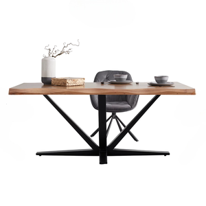 Mesa de Comedor Moderna para el Hogar, Cocina o Restaurante, con Cubierta de Madera de Acacia Sólida Natural Única con Borde Natural y Base de Metal Negro de Diseño Industrial - Product Image 1