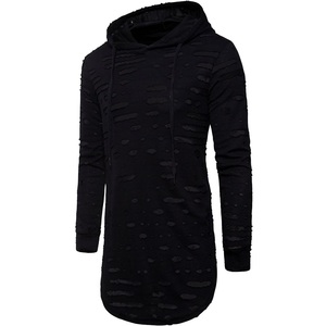 High Quality Vintage Men Distressed Hoodie Breathable Blank Streetwear Winter Distress Cut Out Pullover Elongated Hoodies - Product Image 1