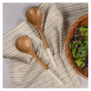 Serveur à salade écologique en bois de manguier sculpté, forme feuille de bétel, poignée émaillée, compatible lave-vaisselle, comprend une fourchette et une cuillère à salade, ustensiles à salade - Product Image 3
