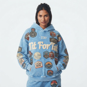 Sudadera con capucha de forro polar para mujer, bordada, con patchwork, informal, 100% algodón, manga larga, holgada, con hombros caídos, para invierno - Product Image 1