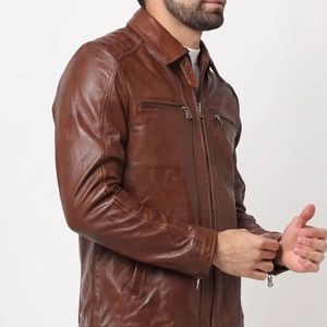Chaqueta de Invierno de Cuero Genuino Marrón para Hombre, Cierre de Cremallera, Color Sólido, Corte Ajustado, Ropa Casual de Calle, a la Moda - Product Image 6