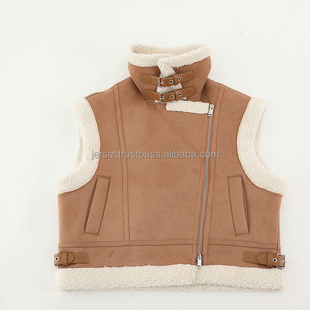 Women's Shearling Leather Vest Moto Style Stand Collar Zipper Closure Winter Warm Faux Fur Lining Thick Suede Jacket Detachable