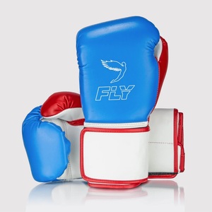 Guantes de Boxeo Fly Sanda, Azul, Rojo, Blanco, Cuero Vacuno Auténtico, Dedos Completos, Correa de Muñeca Ajustable con Cierre de Gancho y Bucle, para Adultos - Product Image 1