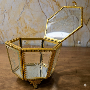 Vintage Gold Hexagonal Glass Jewelry <b>Box</b> | Engraved Star Pattern Decorative <b>Keepsake</b> <b>Box</b> with Ornate Feet for Wedding & Gift - Product Image 1