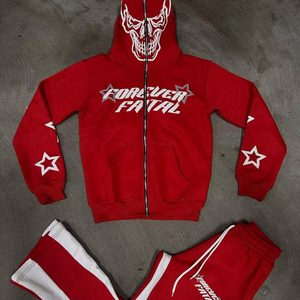 Forever Fatal Orange Hooded Tracksuit <b>Set</b> Full Zipper Sweatshirt and Pants with Skull Print and Stars for Kids Streetwear Style - Product Image 6