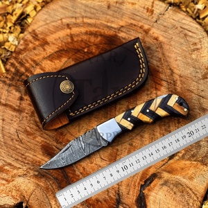 Premium Damascus Folding Knife Wood Handle <b>Drop</b> Point Blade EDC Pocket Hunting Leather Case Gift 3-Year Warranty TARJ ENTERPRISE - Product Image 1