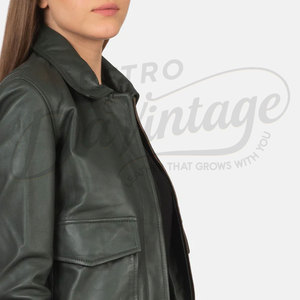 Women's <b>Leather</b> Women Dark Green <b>Real</b> <b>Leather</b> <b>Jacket</b> Shirt Collar Slim Fit Premium Cow Skin Casual Winter Bomber Style Outerwear - Product Image 5