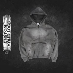 Nuevo Diseño, Sudadera con Capucha de 500 g/m², Estilo Urbano, Felpa Francesa, Efecto Desgastado por el Sol, 100% Algodón, Bordado, Cierre de Cremallera, Corte Recortado - Product Image 1