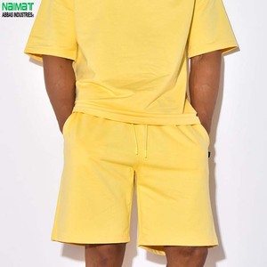 Men's Yellow Cotton T-Shirt <b>Set</b> Crew Neck Solid Color Casual Summer Breathable <b>Knitted</b> Short Sleeve Outfit - Product Image 6