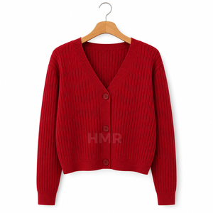 HMR Sisterhood Sorority Acrylic Red Knitted V-Neck <b>Cardigan</b> Long <b>Sleeve</b> Button Front Casual Top Plain <b>Short</b> Length Sweater - Product Image 5