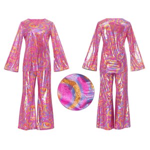 Ensemble haut à manches cloche imprimé métallisé très tendance avec pantalon évasé assorti pour soirée et club, faible MOQ - Product Image 4