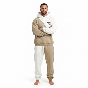 Ensemble de survêtement en molleton de coton pour homme, coupe oversize, deux tons, avec sweat à capuche à épaules tombantes et pantalon de jogging coupe décontractée, color block, deux pièces - Product Image 2