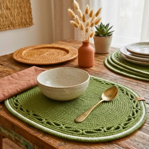 Green Macrame <b>Table</b> <b>Mats</b> Handmade Boho Dining <b>Table</b> Decor Placemats for Kitchen Coffee <b>Table</b> and Home Styling From India - Product Image 2