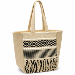 Bohemian Canvas Tote Bag With Geometric Pattern And Tassels For Beach Summer Use - Product Image 1