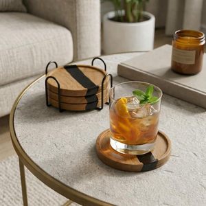 Juego de 4 Posavasos Redondos de Resina y Madera con Diseño Art Deco, con Soporte Metálico, Hechos a Mano, Decoración para Mesa - Product Image 3