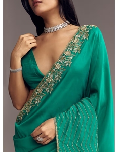 KV Women's <b>Green</b> <b>Silk</b> Viscose Traditional Organza Embellished Designer Saree with Unstitched Blouse for Party Occasions - Product Image 3