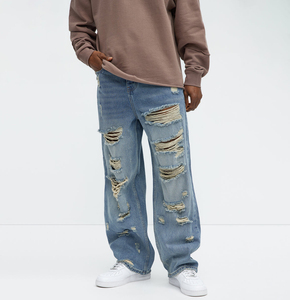 Jeans de Mezclilla para Hombre, Corte Recto, Desgastados y Rotos, Cintura Media, Ajuste Holgado, Estilo Casual, Color Azul, Estilo Primavera - Product Image 1
