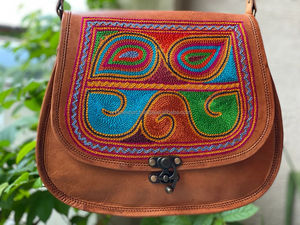 真山羊皮拉贾斯坦刺绣斜挎包9*11英寸吊带 - Product Image 3