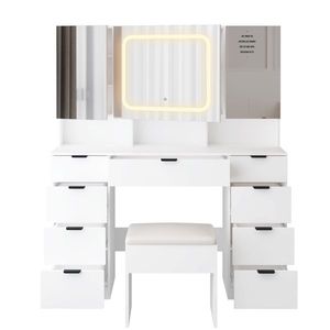 Large Makeup Vanity <b>Table</b> Set with 3 Opening LED-Lit <b>Mirrors</b> Full Storage Behind <b>Mirror</b> D-Style Design - Product Image 6