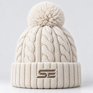 Bonnet en tricot torsadé personnalisé avec logo SE, pompon, chaud pour l'hiver, tricot épais, revers souples et extensibles, mode, extérieur, vente en gros, OEM, ODM - Product Image 3